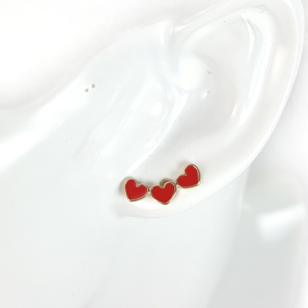 Triple Red Hearts Gold Tone Stud Earrings